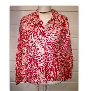 CHICOS Sz 1 Pink White Semi Sheer Burnout Jacket